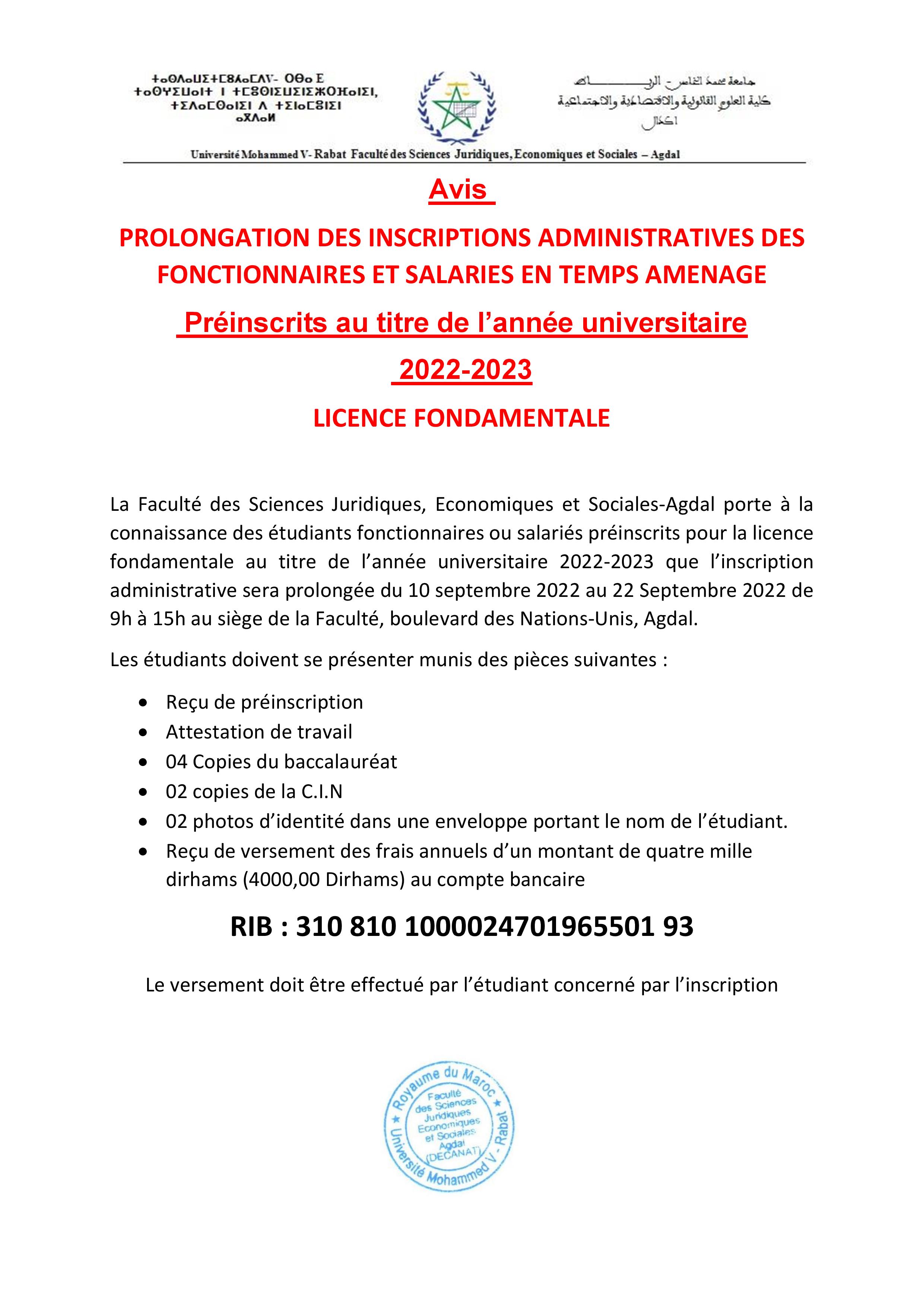 PROLONGATION DES INSCRIPTIONS ADMINISTRATIVES DES FONCTIONNAIRES ET ...